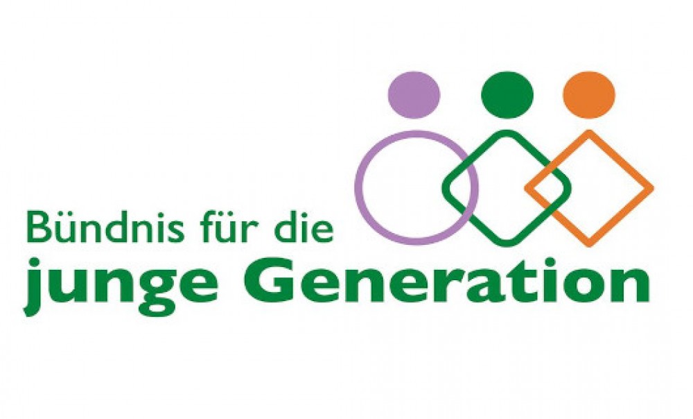 Schriftzug &quotBündnis für die junge Generation&quot neben 3 Symbolfiguren.